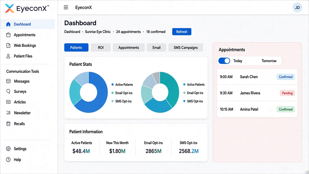 EyeconX clinic account dashboard with patient stats and today's appointments
